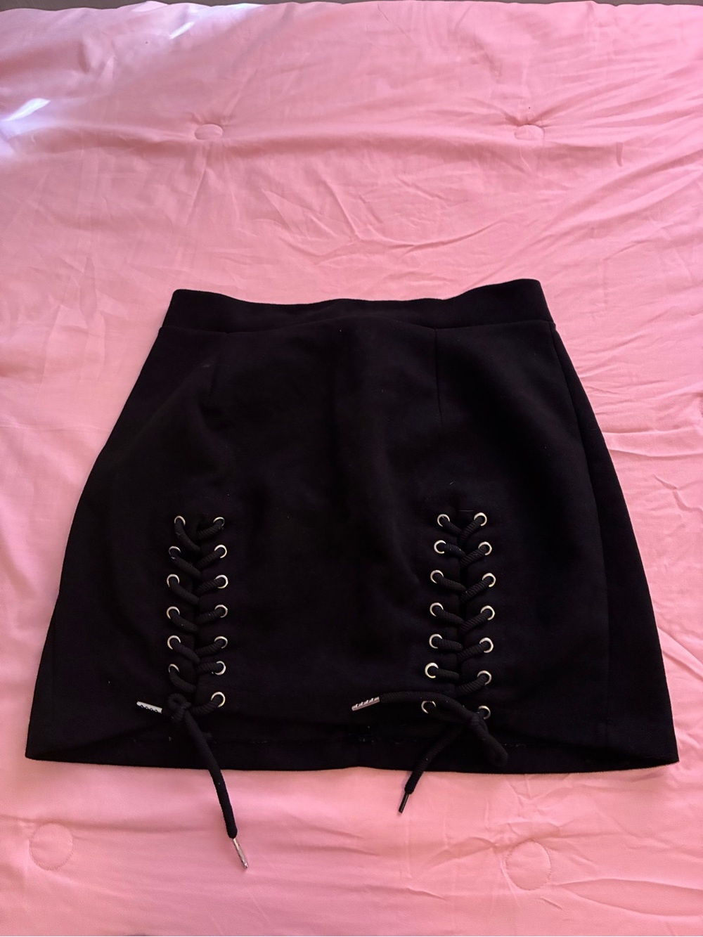 Black Lace-Up Mini Skirt with Front Eyelet Detail